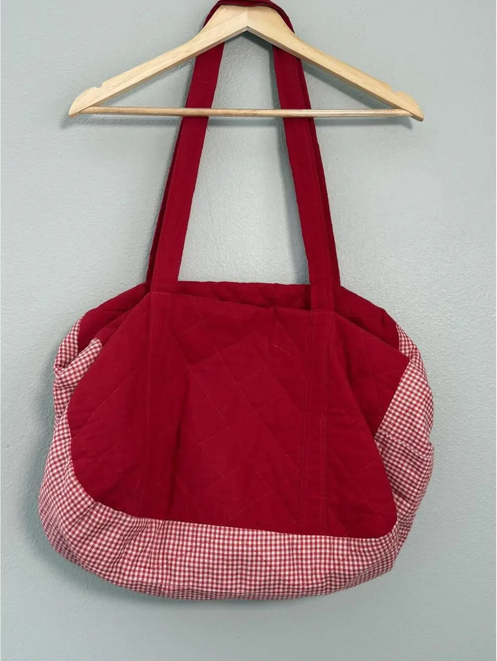 Handmade Gingham Market Tote Duffle Bag with Shoulder Strap